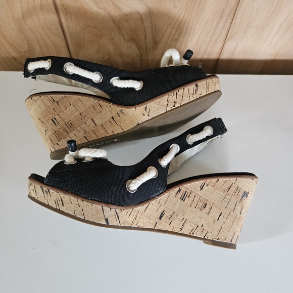 Sperry Top Sider Women's Cork Wedge Peep Toe Slingback Sandals Black Size 6.5M - Picture 5 of 7